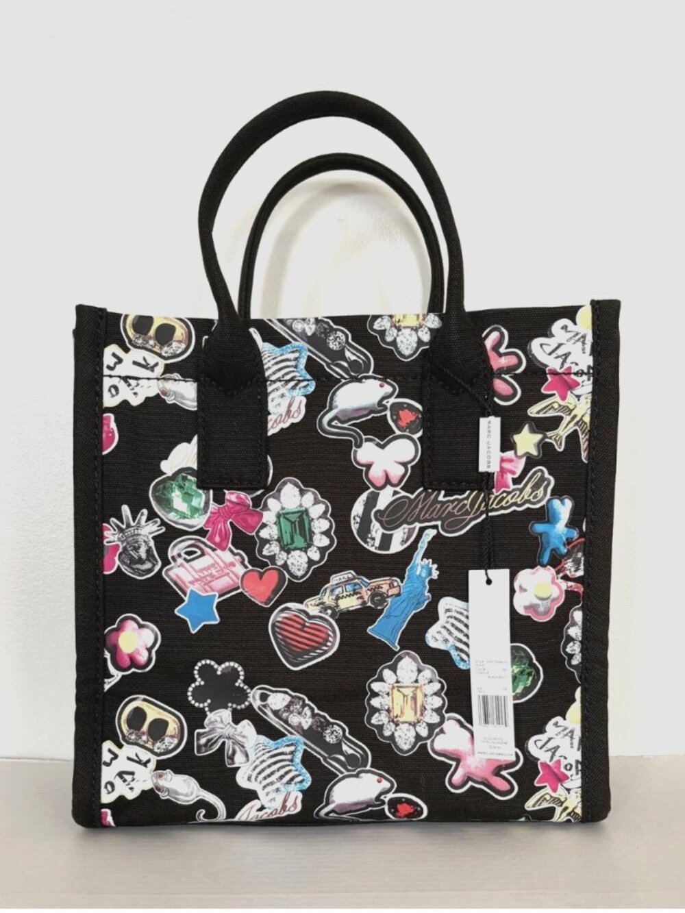 New Marc Jacobs Cotton Canvas Graphic Sticker-Print Medium Tote Black Multi - Picture 2 of 5
